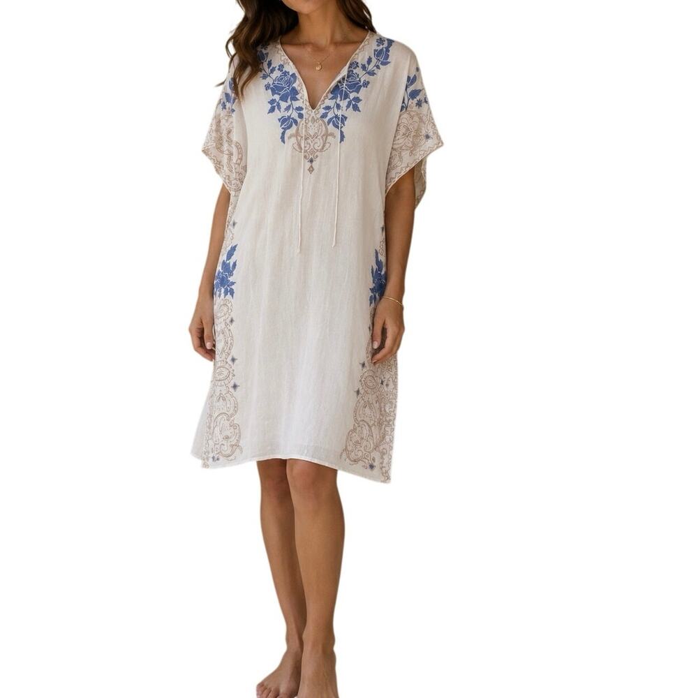 Johnny Was 3J Workshop White Blue Beige Embroidered Kaftan Dress Size Medium